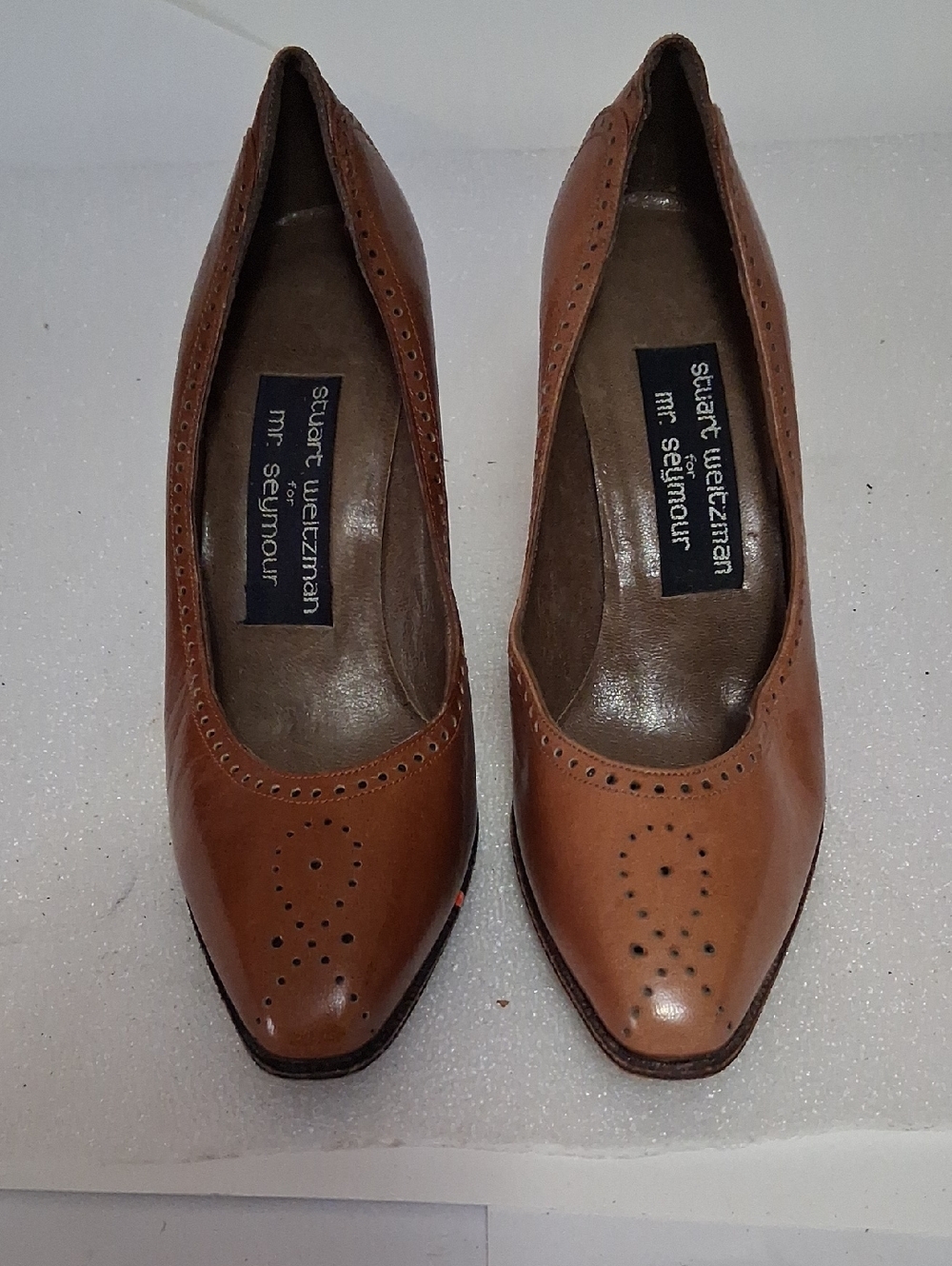 Stuart Weitzman Tan Leather Pointed Brogue Heel Pumps